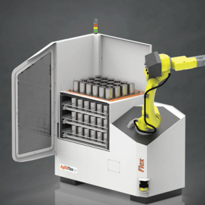Agile Flex 12D; Agile Flex 12D compact loading system with automated drawer system and CNC tool loading, designed for robotic CNC machine loading in high-precision manufacturing.