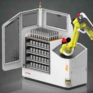 Agile Flex 35D; Agile Flex 35D automated CNC loader with drawer-style robotic automation and pallet loader for CNC machine loading system in action.