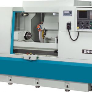 Shigiya GSU-40; GSU-40B CNC universal cylindrical grinder with dual spindles and NC swivel wheelhead performing high-precision polygonal grinding.