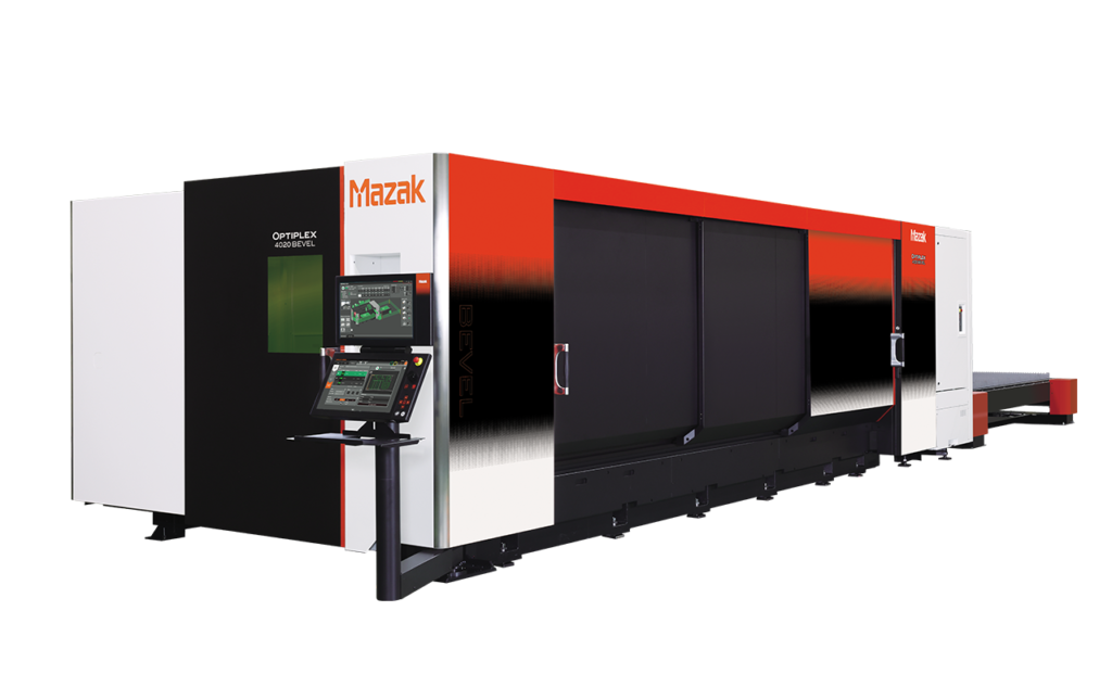 Mazak Optiplex 4020 Bevel cutting machine with integrated bevel and laser cutting, using SmoothBEVEL CNC system and 20 kW SmoothCUT laser.