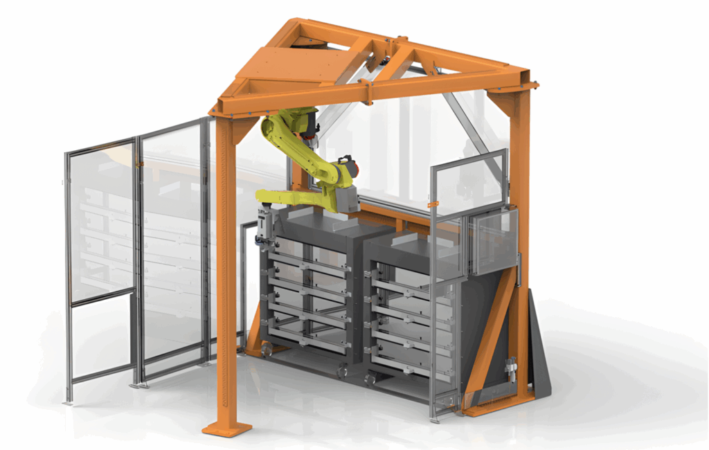 Agile Engineered Machine Loading System integrating robot for machine tools and laser automation for advanced manufacturing automation solutions.