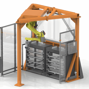 Agile Engineered Machine Loading System integrating robot for machine tools and laser automation for advanced manufacturing automation solutions.