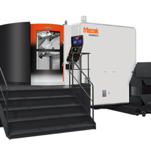 Mazak Vortex i-630V vertical machining center featuring a tilting spindle, rotary table, and two-pallet changer for large 5-axis aerospace components.