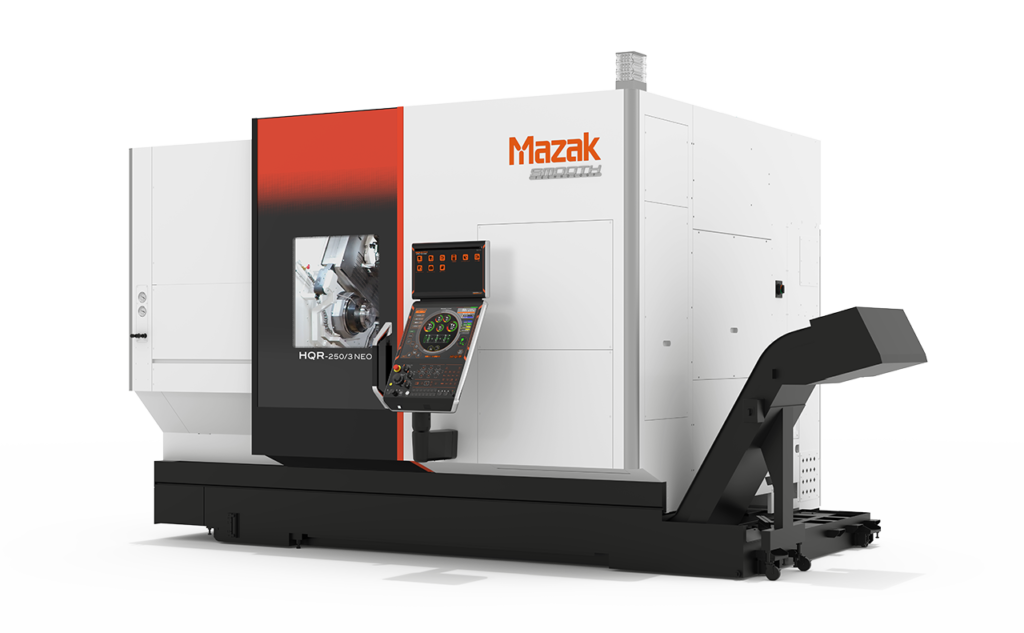 Mazak HQR-250 NEO turning CNC machine with dual-spindle, twin-turret design for contract manufacturing machines and high-precision CNC turning.