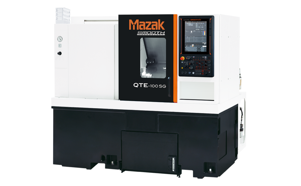 Mazak QTE-100 tooling CNC lathe with Mazatrol SmoothEz Control, automation compatibility, and contract manufacturing machine capability.