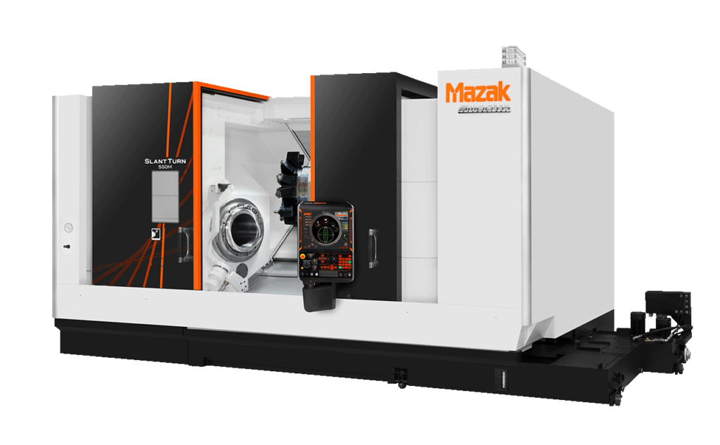 Mazak Slant Turn 500 high-torque CNC turning lathe with Smooth CNC control, custom tooling, and contract manufacturing machine compatibility.