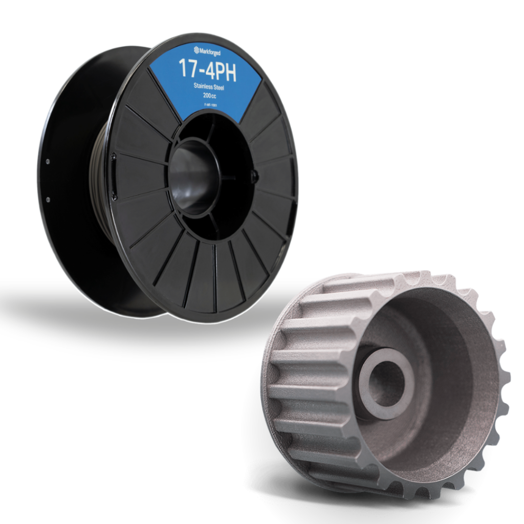 Markforged 17-4 PH stainless steel 3D printing material spool and sample high strength and corrosion-resistant precision metal additive manufacturing part.