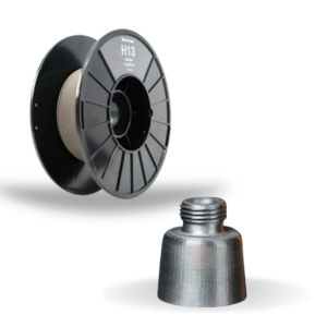 H13 tool steel 3D printing material spool and part for hardened metal manufacturing, mold insert 3D printing, and high-wear tooling parts.