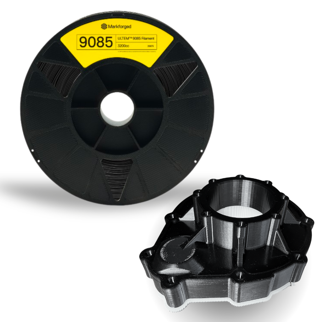 ULTEM™ 9085 filament aerospace 3D printing material shown as a certified high-performance filament for heat-resistant, industrial-grade thermoplastic parts.